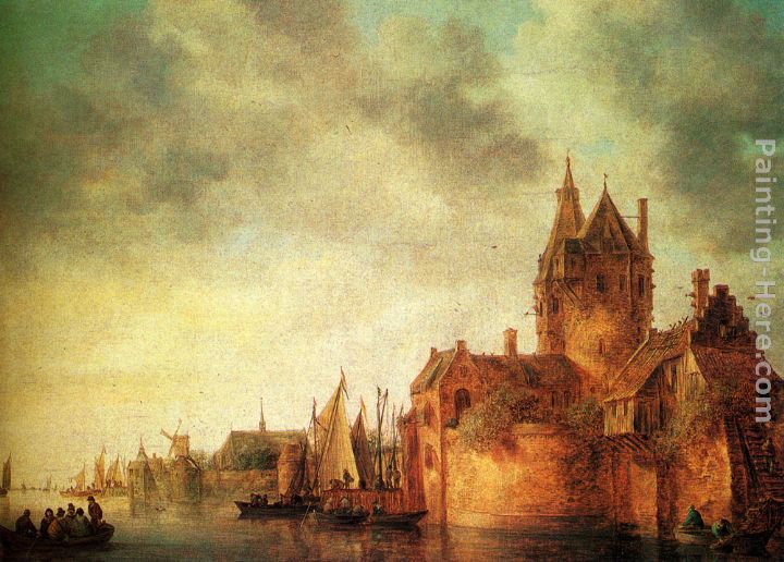 A Castle By A River With Shipping At A Quay painting - Jan van Goyen A Castle By A River With Shipping At A Quay art painting